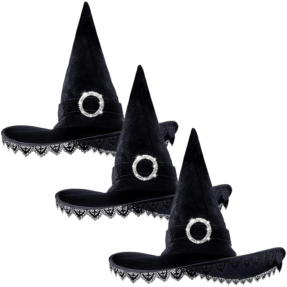 3971 3 Pcs Halloween Witch Hat Costume Black Witches Hats with Lace Fringe